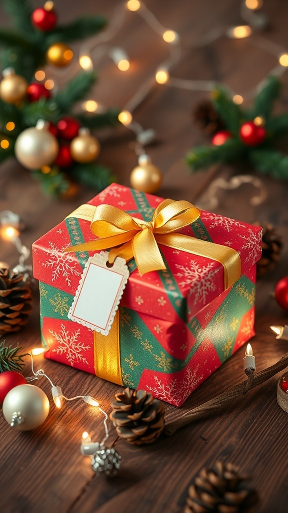 A DIY Christmas gift box wrapped in festive paper with a ribbon, surrounded by holiday decorations.